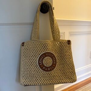 Faux Louis Vuitton Natural Woven Tote with Brown Logo Patch, never used